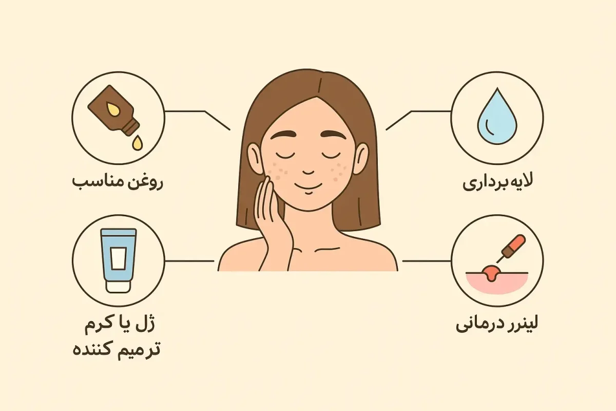 اینفوگرافی فارسی درباره روش‌های سریع و ساده برای درمان جای جوش شامل روغن مناسب، لایه‌برداری، ژل ترمیم‌کننده و لیزر درمانی